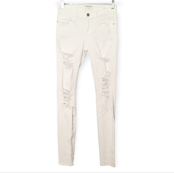 FRAME Le Skinny de Jeanne White Distressed Ripped Jeans - Picture 3 of 10